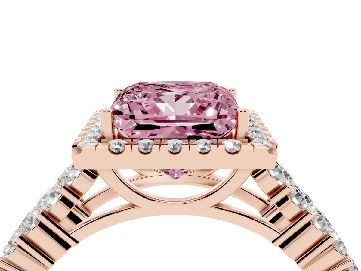 Fancy Pink Princess Cut Diamond Halo Engagement Ring with Triple Row Round Pavé Band and Prong Setting Rose gold