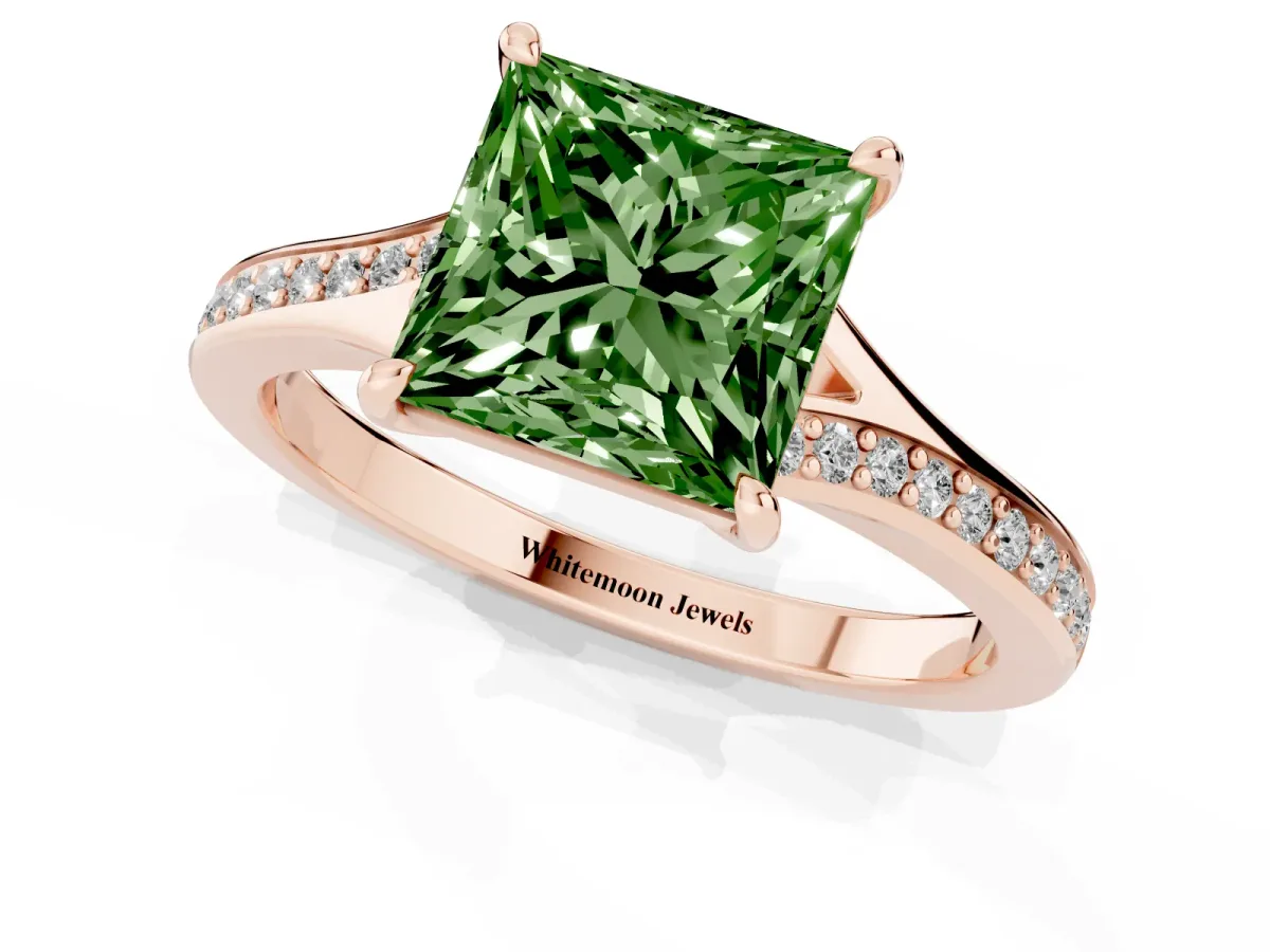 Fancy Green Princess Cut Diamond Solitaire Ring with Pavé Band and Prong Setting Rose gold