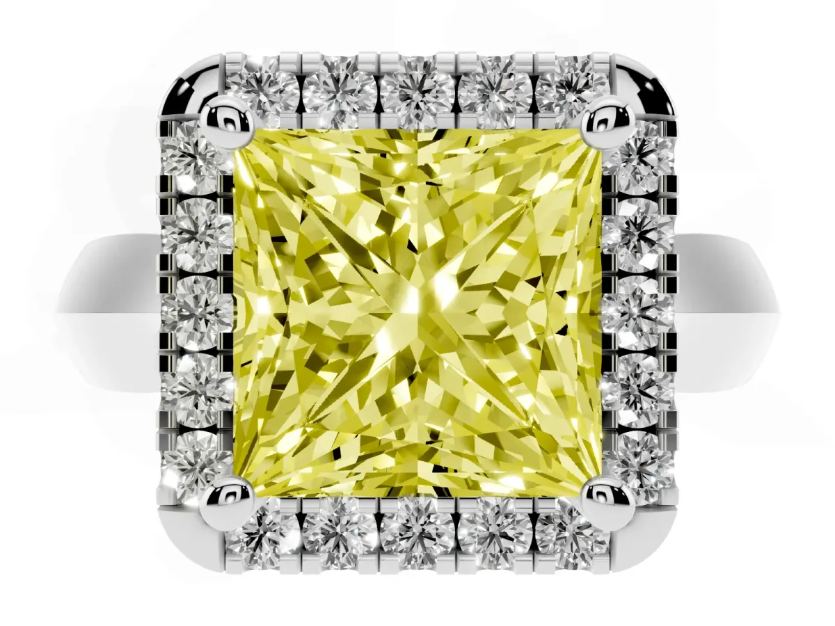 Fancy Yellow Princess Cut Cut Halo Solitaire Engagement Ring with Square Band and Four-Prong Setting Silver