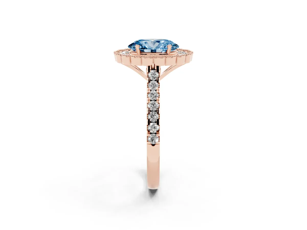 Fancy Blue Oval Cut Cut Diamond Milgrain Floral Halo Engagement Ring with Pavé Band Rose gold