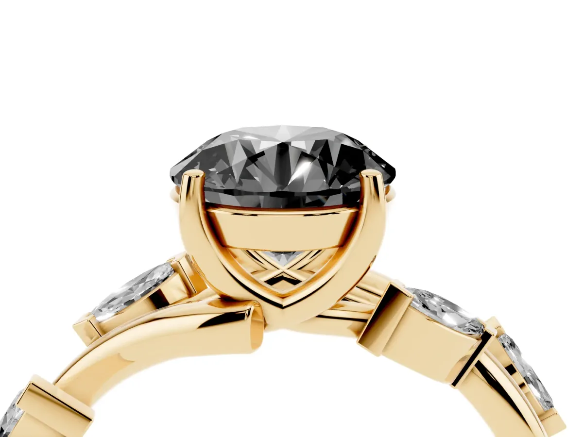 Fancy Black Round Cut Solitaire Twisted Band Marquise Accent Prong Setting Ring Yellow gold