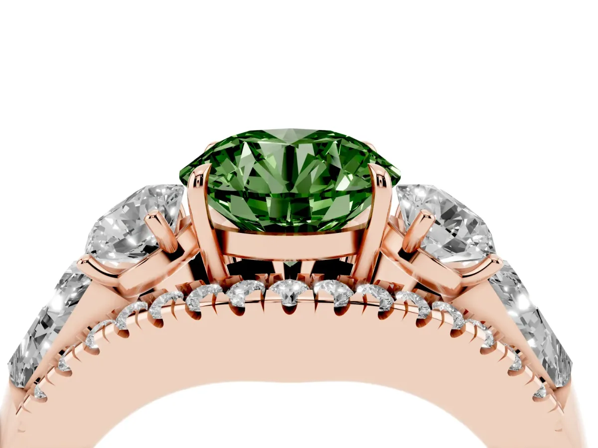 Fancy Green Three-Stone Round Cut Diamond Engagement Ring with Pave Band and Prong Setting Rose gold