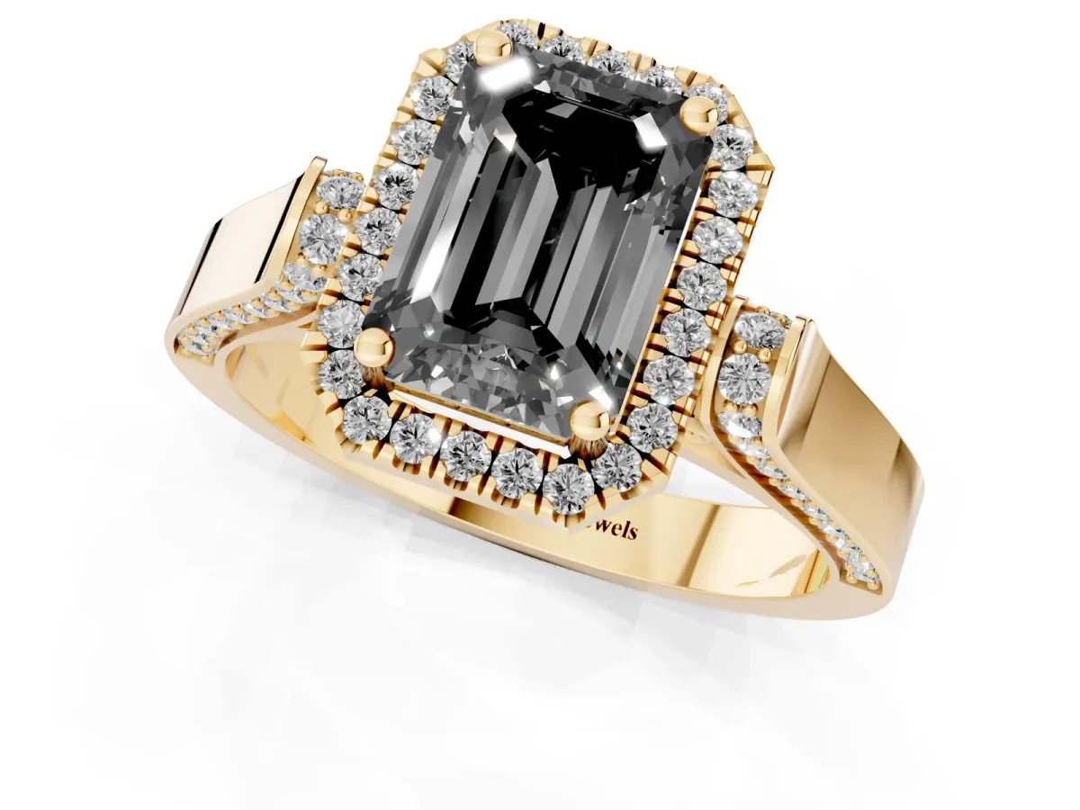 Fancy Black Emerald Cut Halo Round Diamond Twist Band with Four-Prong Setting Yellow gold