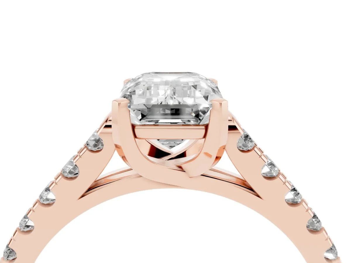 Emerald Cut Diamond Pavé Band Solitaire Ring with Prong Setting Rose gold