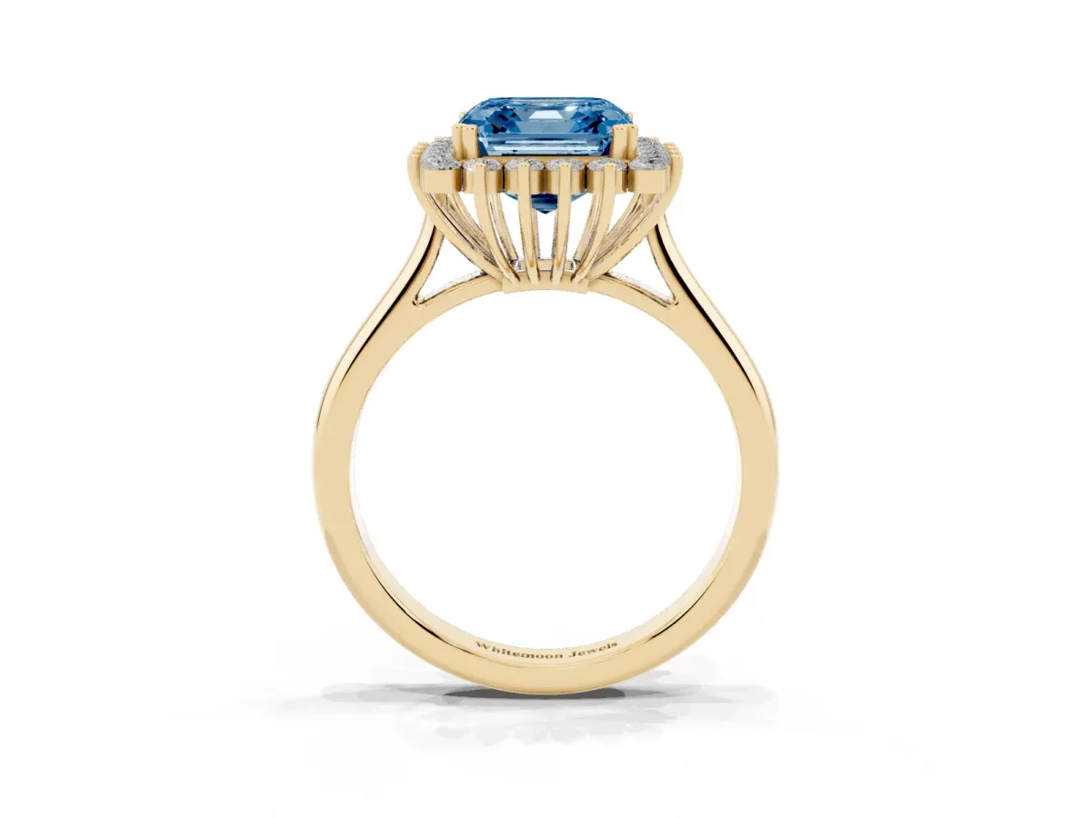 Fancy Blue Asscher Cut Cut Diamond Halo Ring with Solitaire Band and Prong Setting Yellow gold
