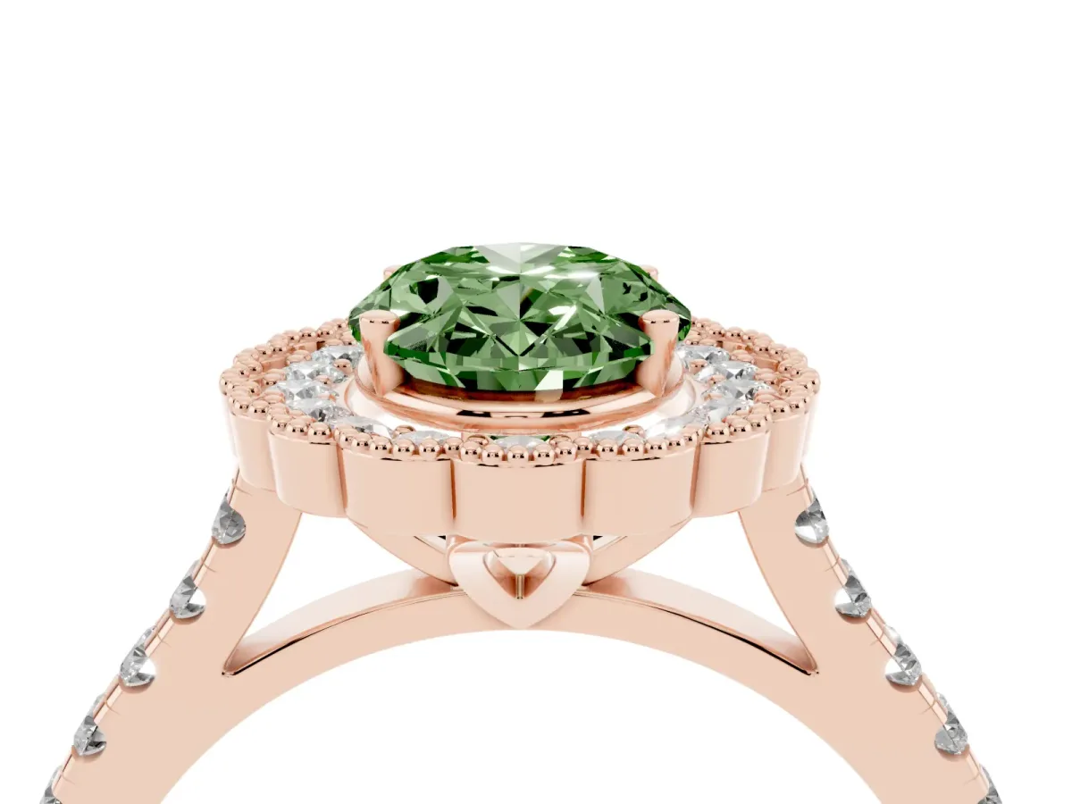 Fancy Green Oval Cut Cut Diamond Milgrain Floral Halo Engagement Ring with Pavé Band Rose gold