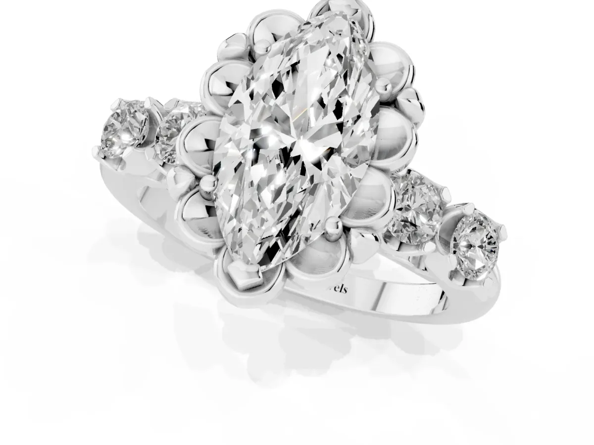 Marquise Cut Cut Diamond Floral Halo Engagement Ring with Shared Prong Setting Silver