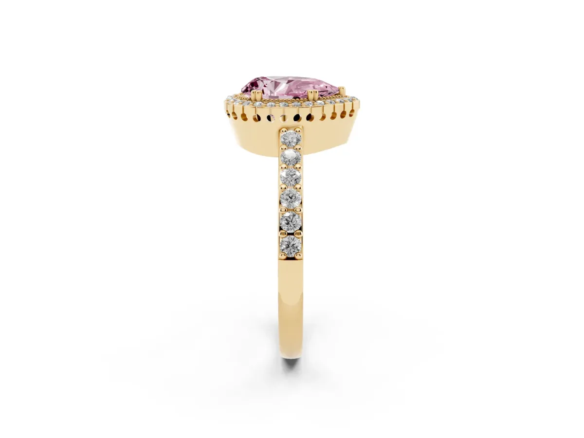 Fancy Pink Pear Cut Cut Diamond Halo Engagement Ring with Milgrain Detail and Pavé Band Yellow gold
