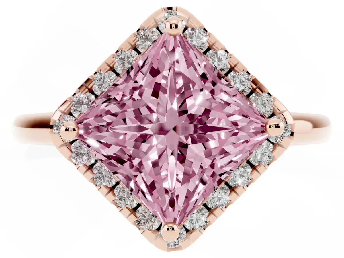 Fancy Pink Princess Cut Halo Round Diamond Solitaire Engagement Ring with Pave Band and Four-Prong Setting Rose gold
