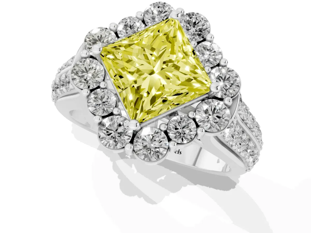 Fancy Yellow Princess Cut Halo Diamond Engagement Ring with Split Shank and Prong Setting Silver