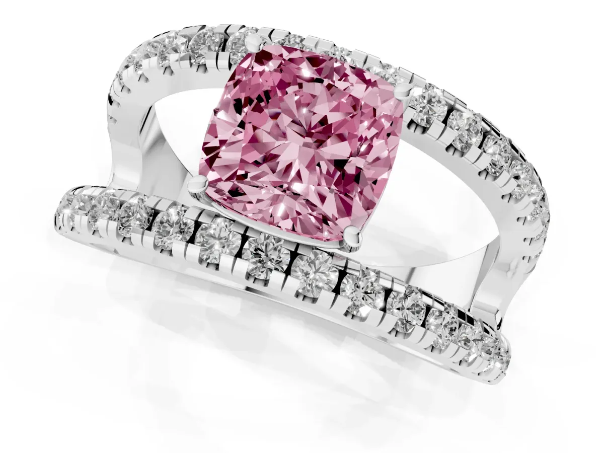 Fancy Pink Cushion Cut Solitaire Split Shank Pave Diamond Ring Silver