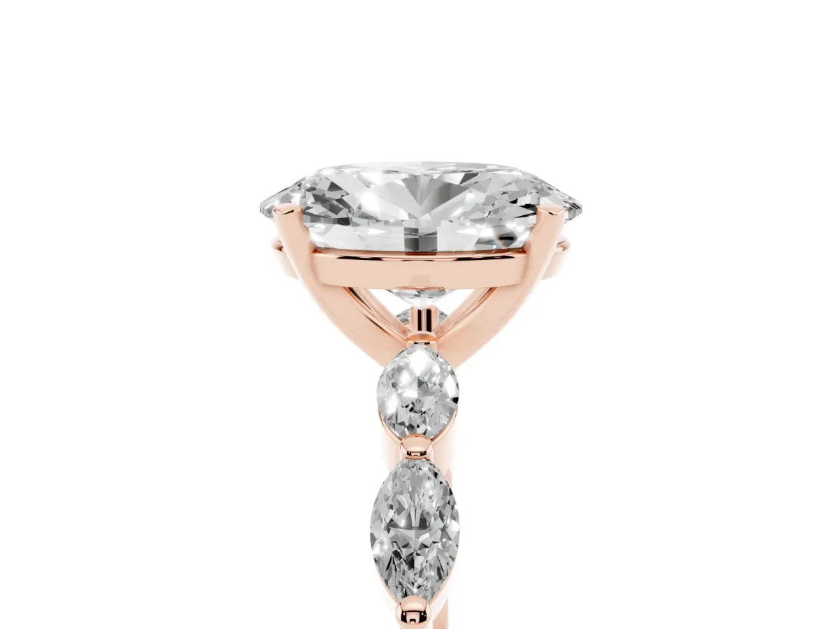 Oval Cut Diamond Ring with Marquise Side Stones and Prong Setting Rose gold