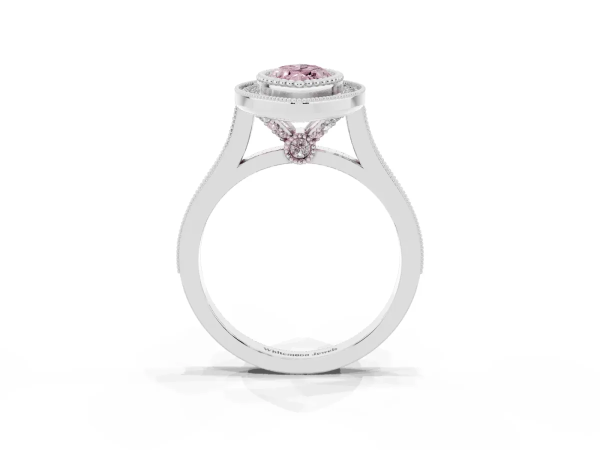 Fancy Pink Marquise Cut Diamond Halo Ring with Milgrain Frame and Pavé Band Platinum