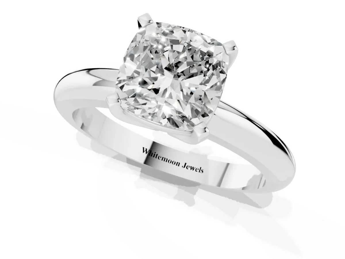 Cushion Cut Diamond Solitaire Engagement Ring with Round Band and Four-Prong Setting Silver