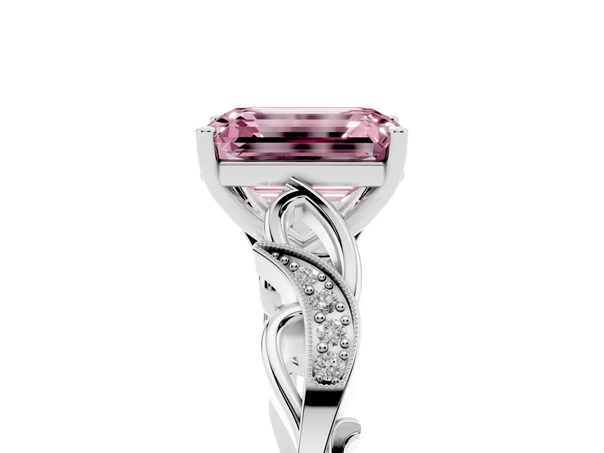 Fancy Pink Emerald Cut Solitaire Vine Band with Milgrain Prong Setting Silver