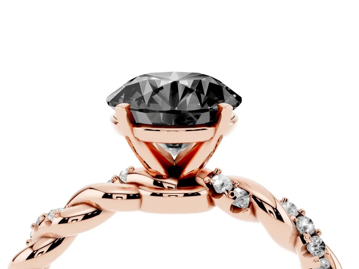Fancy Black Round Cut Diamond Solitaire Ring with Twisted Band and Pavé Accents Rose gold