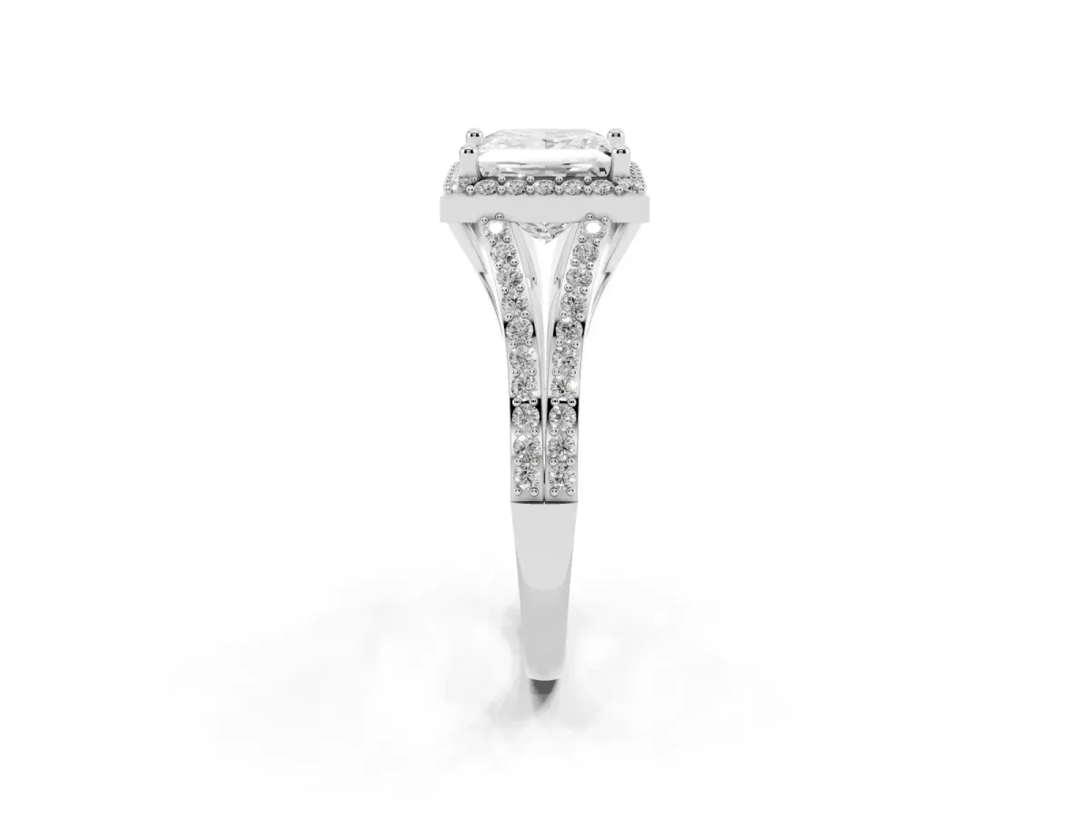 Princess Cut Halo Split Shank Diamond Ring with Prong Setting Silver