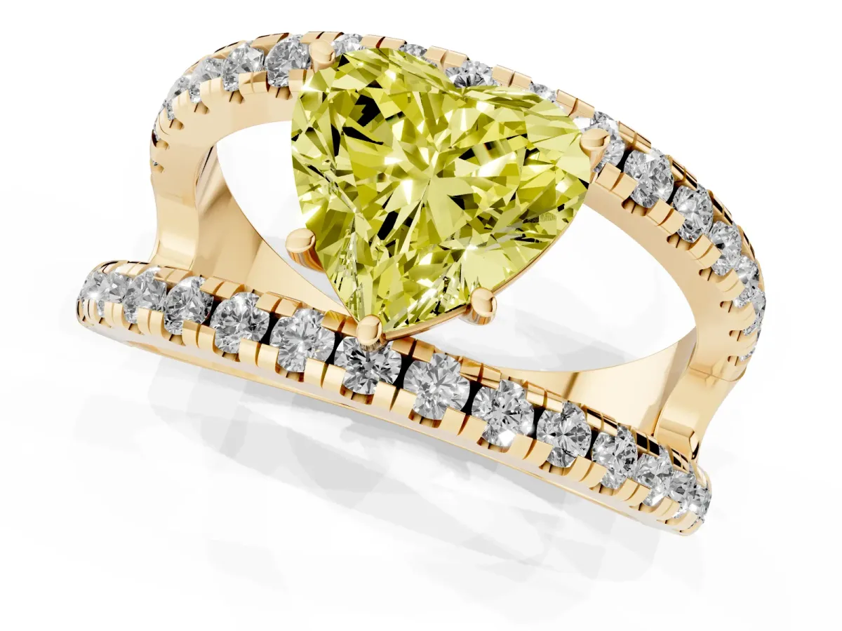 Fancy Yellow Heart Cut Solitaire Split Shank Pave Diamond Ring Yellow gold