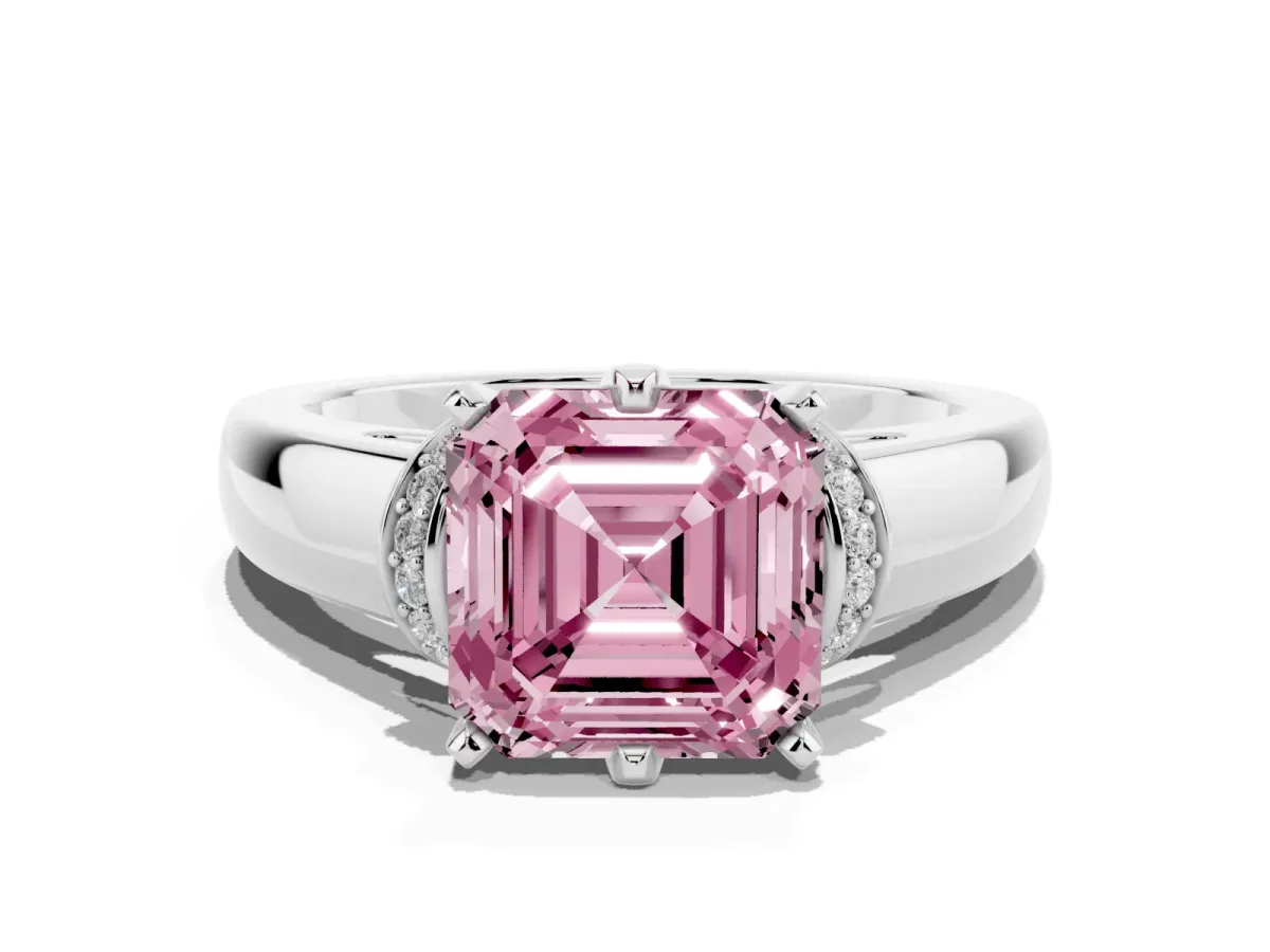 Fancy Pink Asscher Cut Solitaire Diamond Ring with Pave Band and Six-Prong Setting Silver