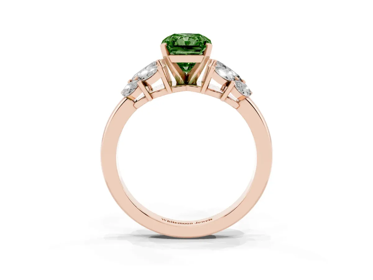 Fancy Green Radiant Cut Diamond Cluster Leaf Design Ring with Prong Setting Rose gold