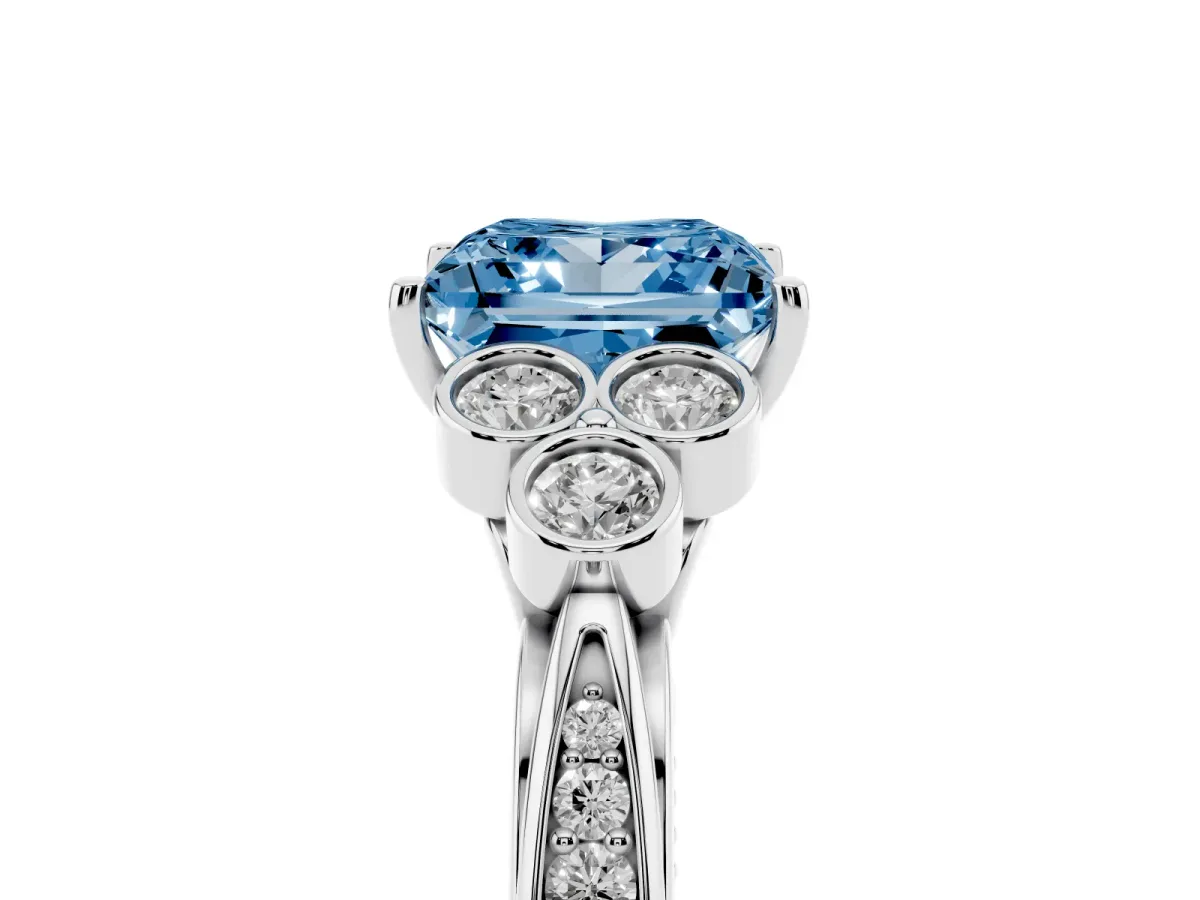 Fancy Blue Princess Cut Cut Diamond Engagement Ring with Bezel Set Round Side Stones and Prong Setting White gold