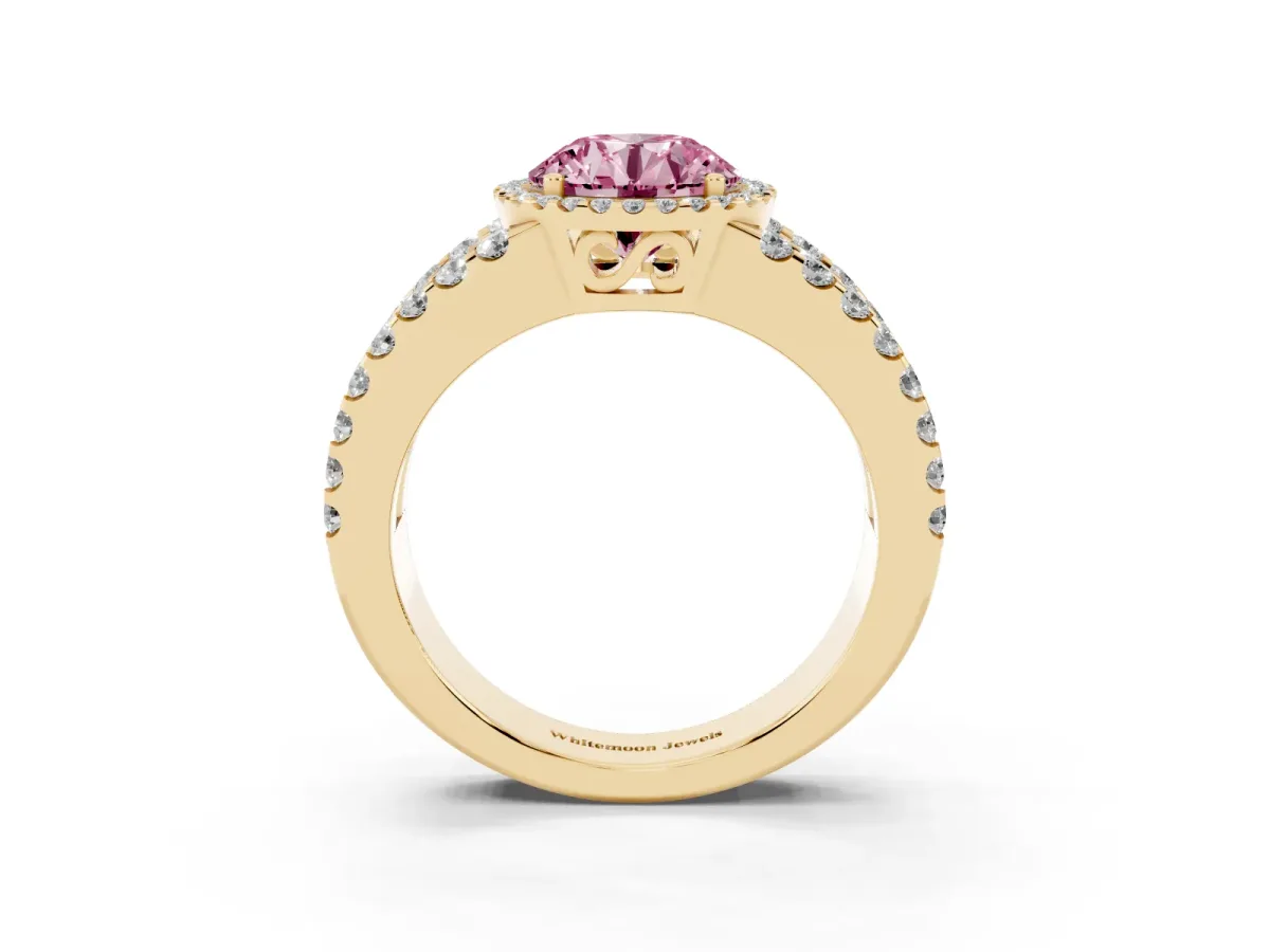Fancy Pink Round Cut Cut Halo Split Shank Diamond Ring with Four-Prong Setting Yellow gold