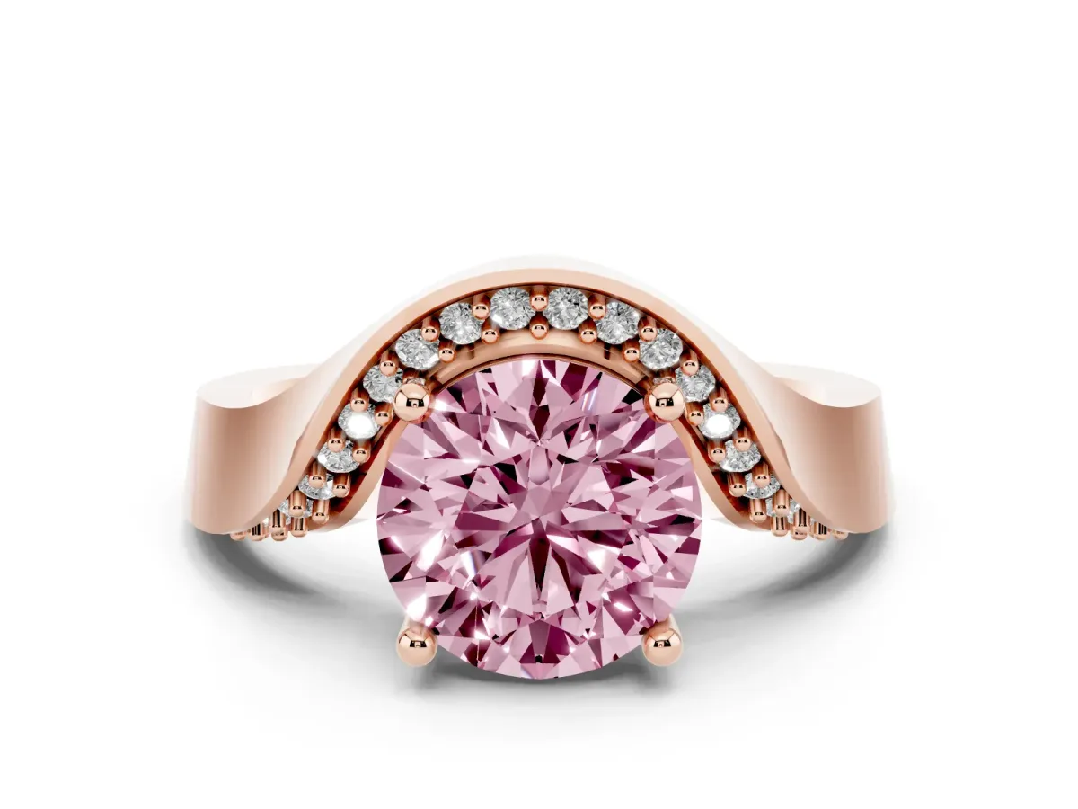 Fancy Pink Round Cut Solitaire Diamond Engagement Ring with Pave Band and Four-Prong Setting Rose gold