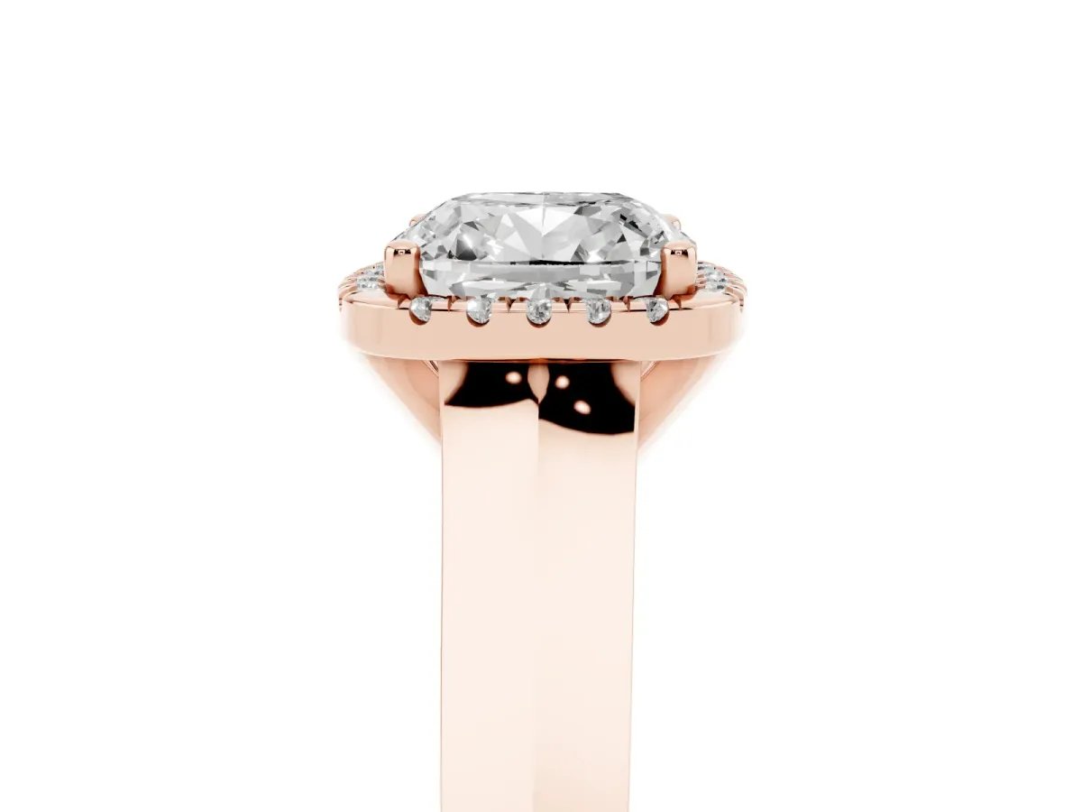 Cushion Cut Halo Diamond Ring with Cathedral Band and Four-Prong Setting Rose gold