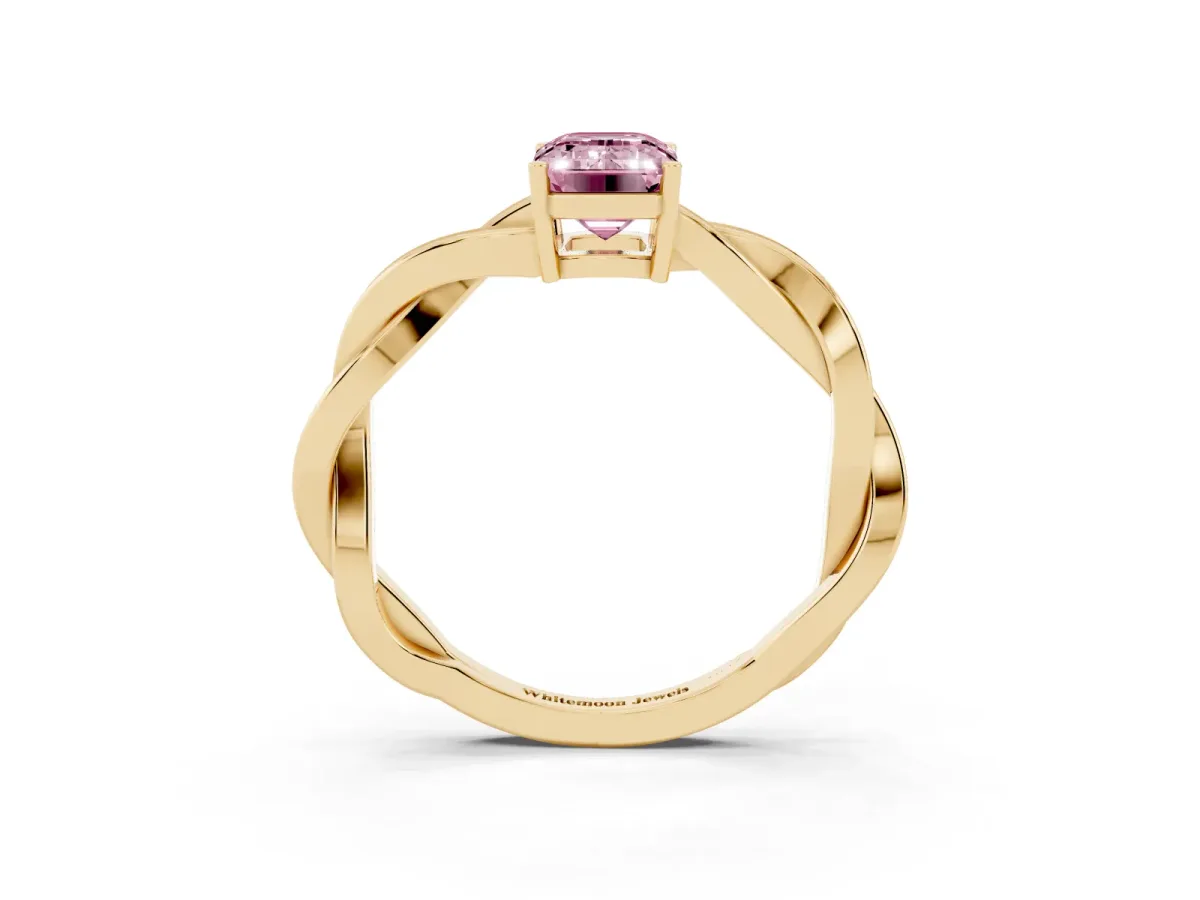 Fancy Pink Emerald Cut Solitaire Twisted Pave Diamond Ring with Four-Prong Setting Yellow gold