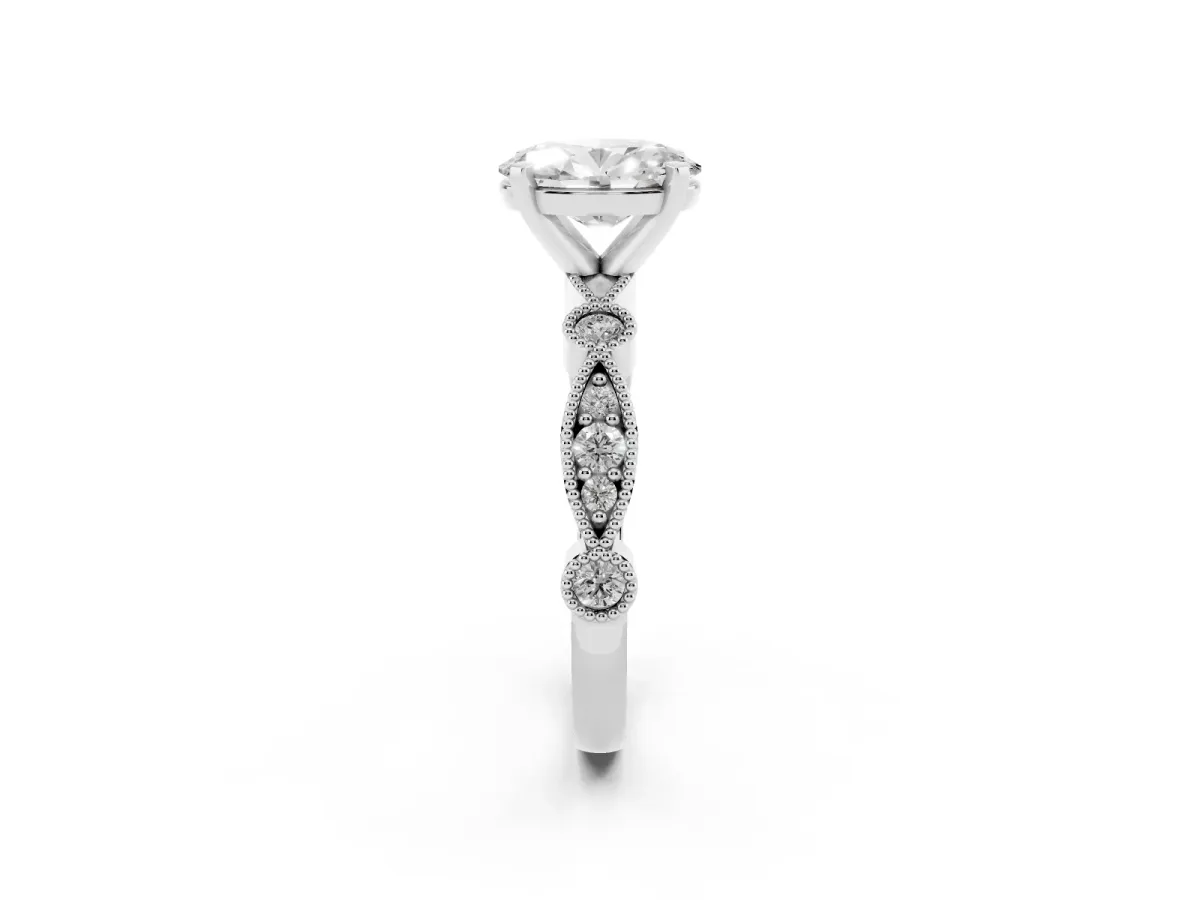 Oval Cut Milgrain Bezel Diamond Engagement Ring with Solitaire Prong Setting Platinum