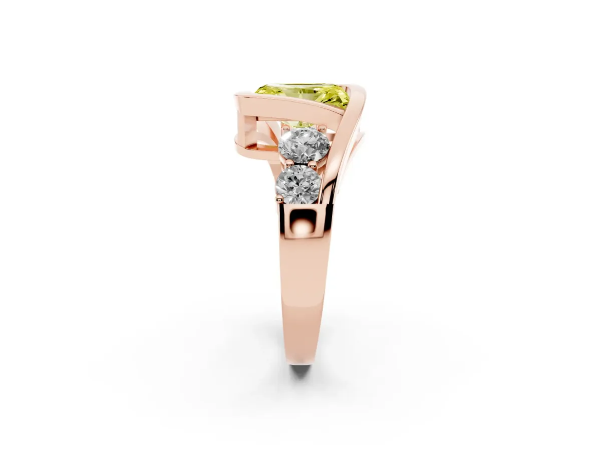 Fancy Yellow Bezel Set Radiant Cut Diamond Bypass Ring with Round Accents Rose gold