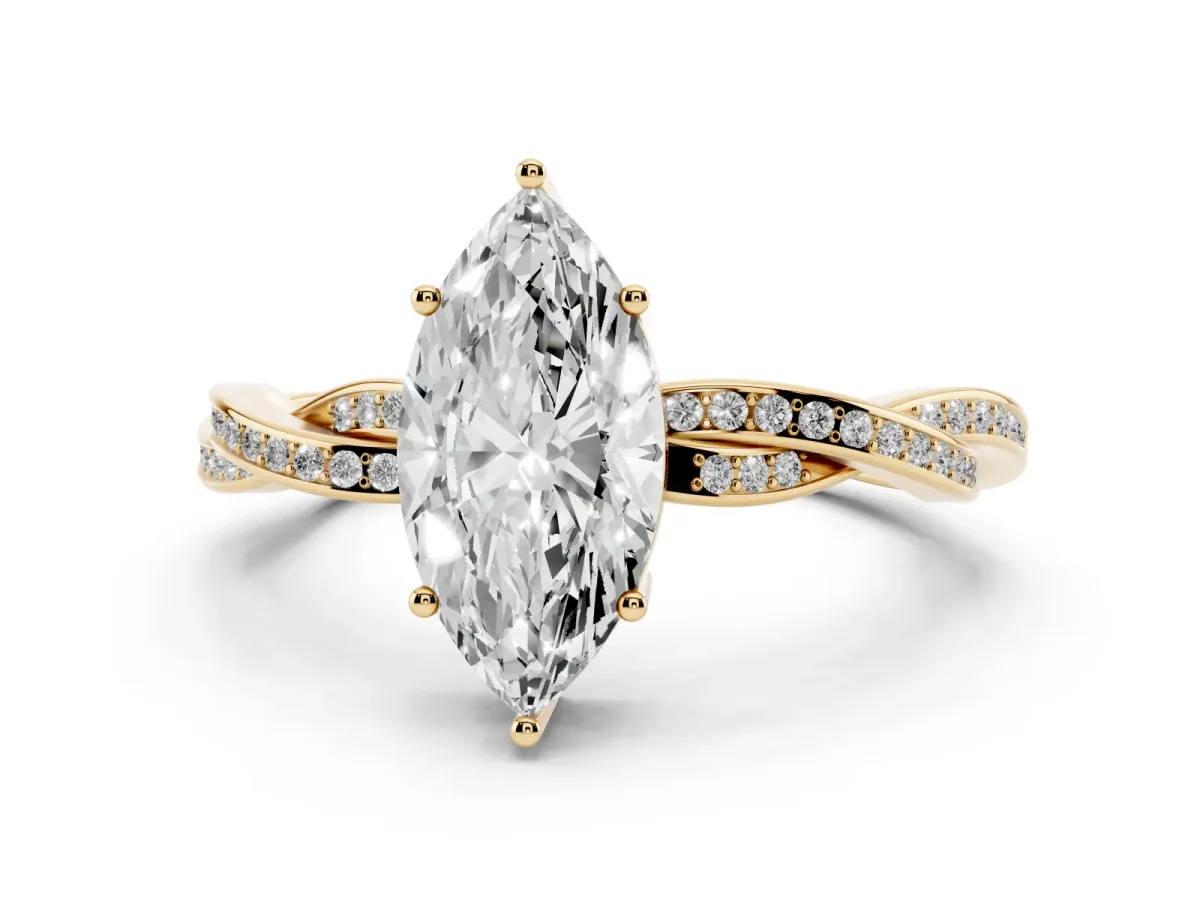 Marquise Cut Solitaire Twisted Pave Diamond Ring with Four-Prong Setting Yellow gold