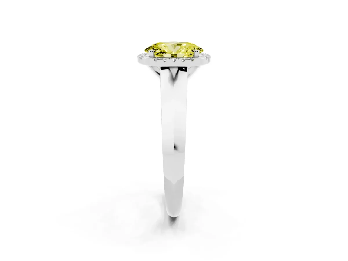 Fancy Yellow Oval Cut Halo Diamond Ring with Cathedral Band and Four-Prong Setting Platinum