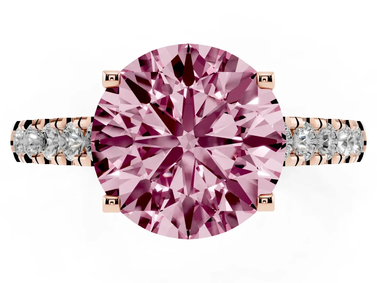 Fancy Pink Round Cut Diamond Pavé Band Solitaire Ring with Prong Setting Rose gold