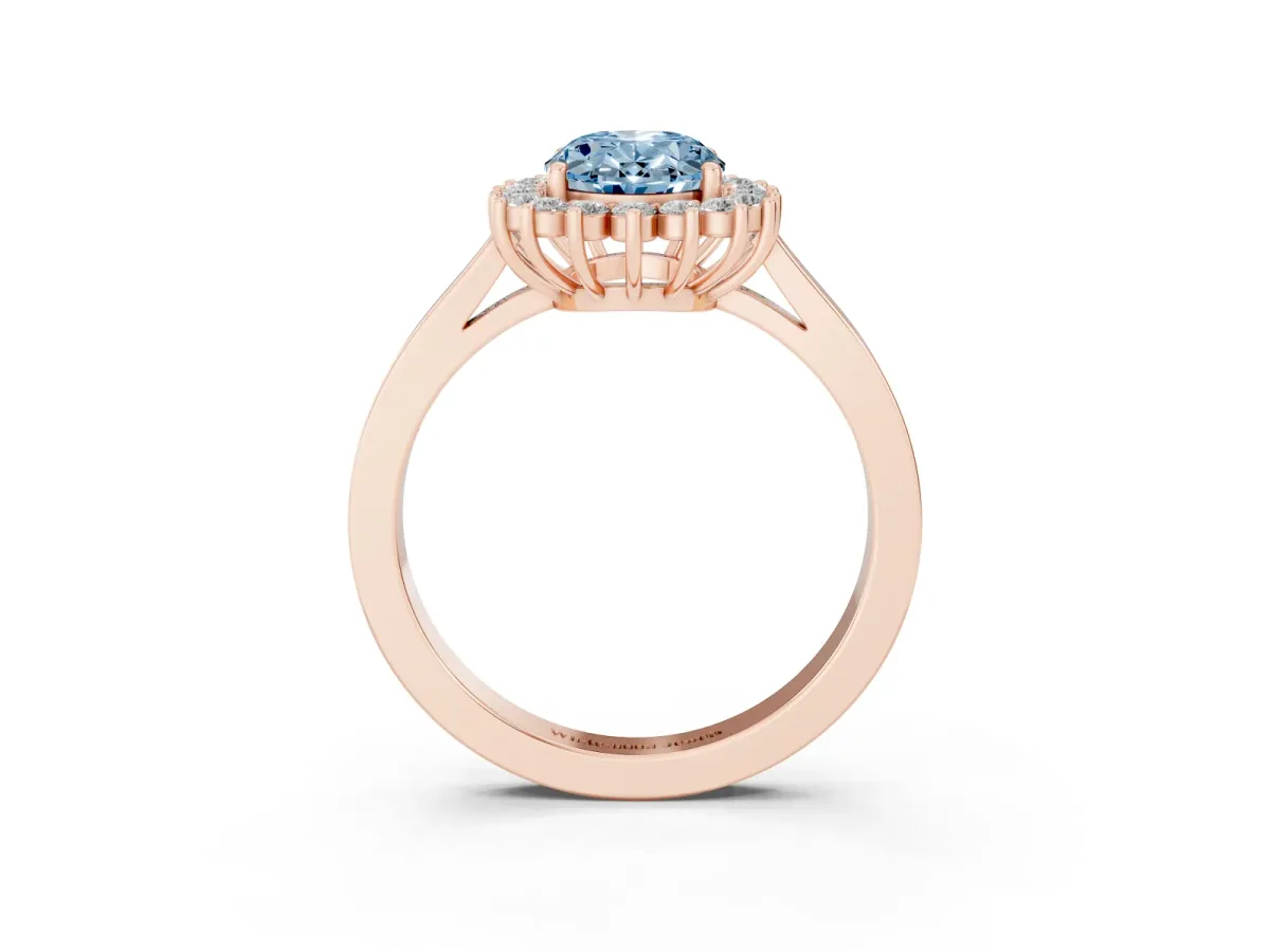 Fancy Blue Oval Cut Cut Diamond Halo Ring with Round Brilliant Halo and Solitaire Band Rose gold