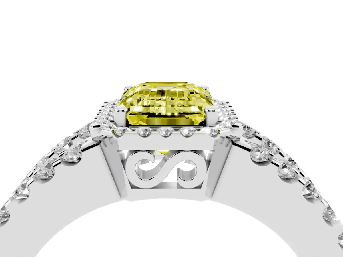 Fancy Yellow Emerald Cut Cut Halo Split Shank Diamond Ring with Four-Prong Setting Silver