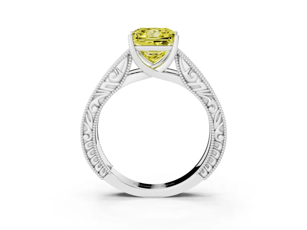 Fancy Yellow Princess Cut Diamond Solitaire Ring with Engraved Band and Four-Prong Setting Silver