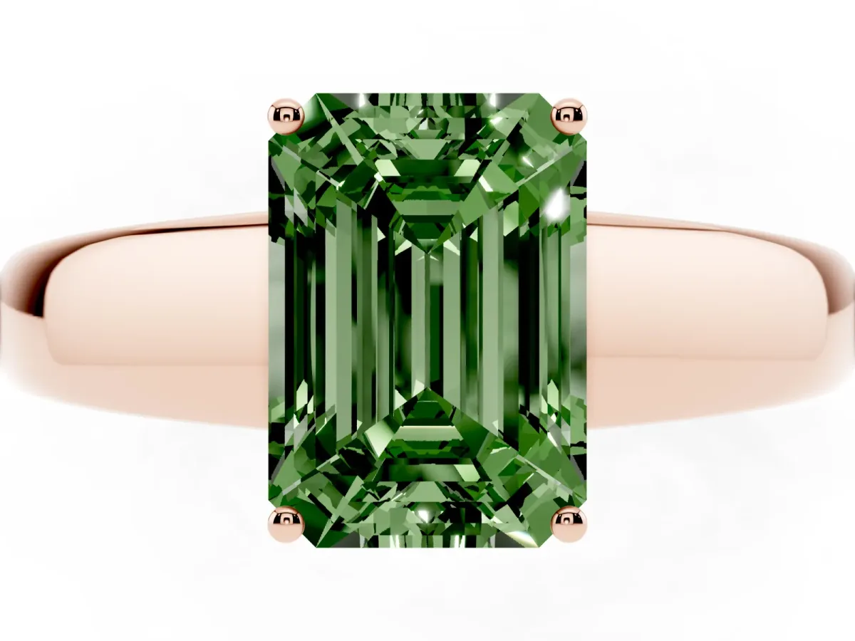 Fancy Green Emerald Cut Solitaire Diamond Ring with Tapered Band and Four-Prong Setting Rose gold