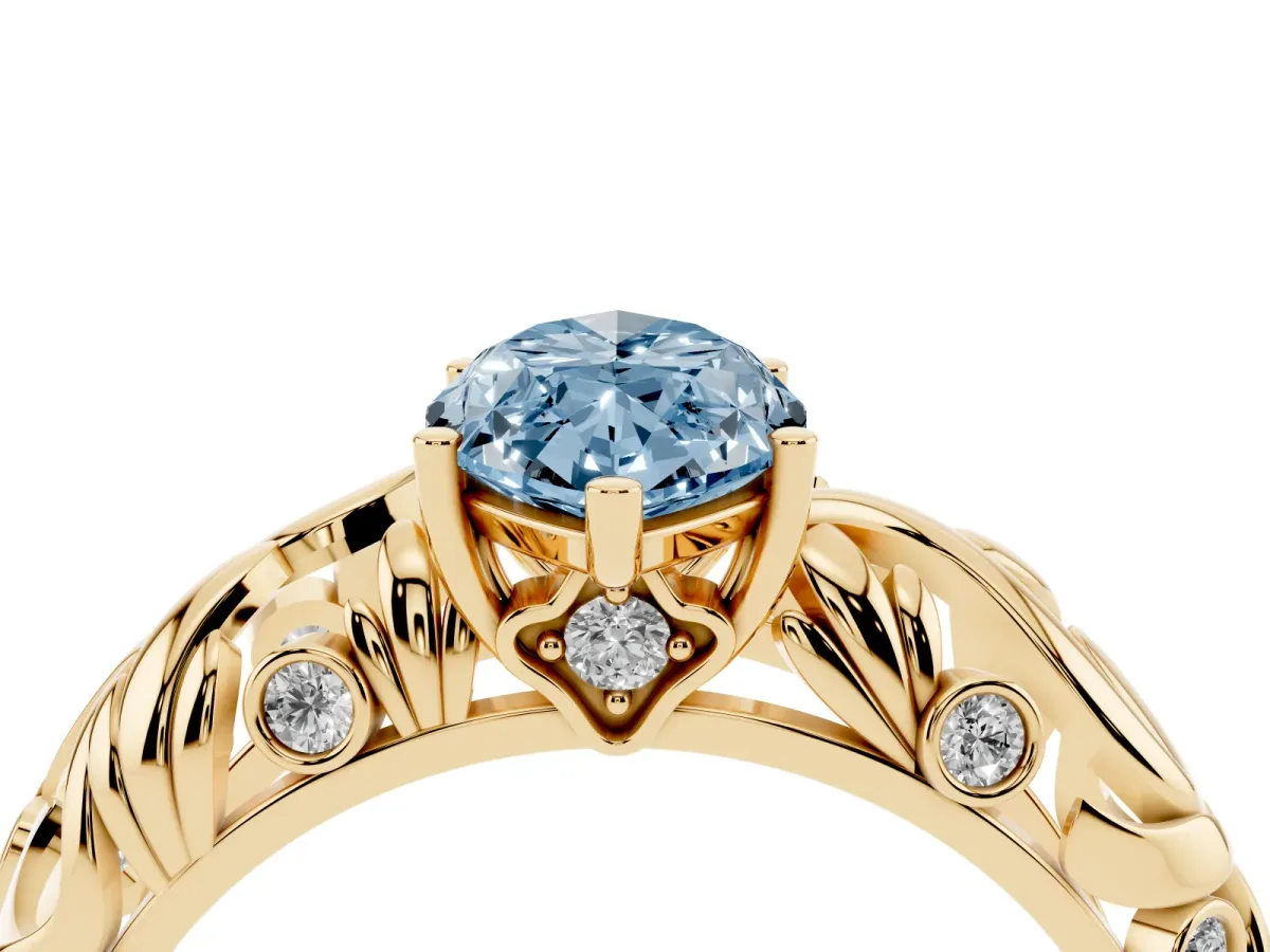 Fancy Blue Marquise Cut Solitaire Diamond Leaf-Inspired Vine Band Ring with Prong Setting Yellow gold