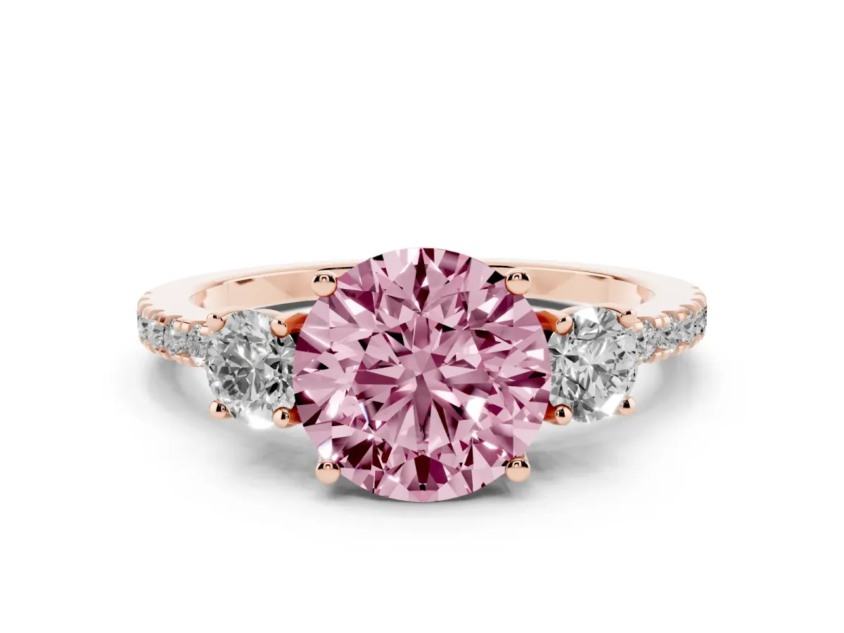 Fancy Pink Three-Stone Round Cut Cut Diamond Pavé Band with Prong Setting Rose gold