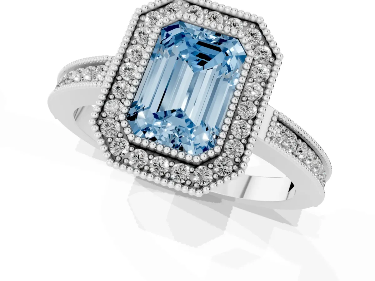 Fancy Blue Emerald Cut Cut Halo Diamond Ring with Pavé Band and Milgrain Prong Setting Platinum