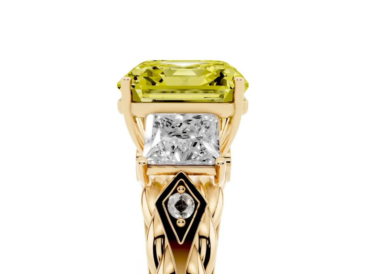 Fancy Yellow Three-Stone Asscher Cut Diamond Braided Band Ring with Four-Prong Setting Yellow gold