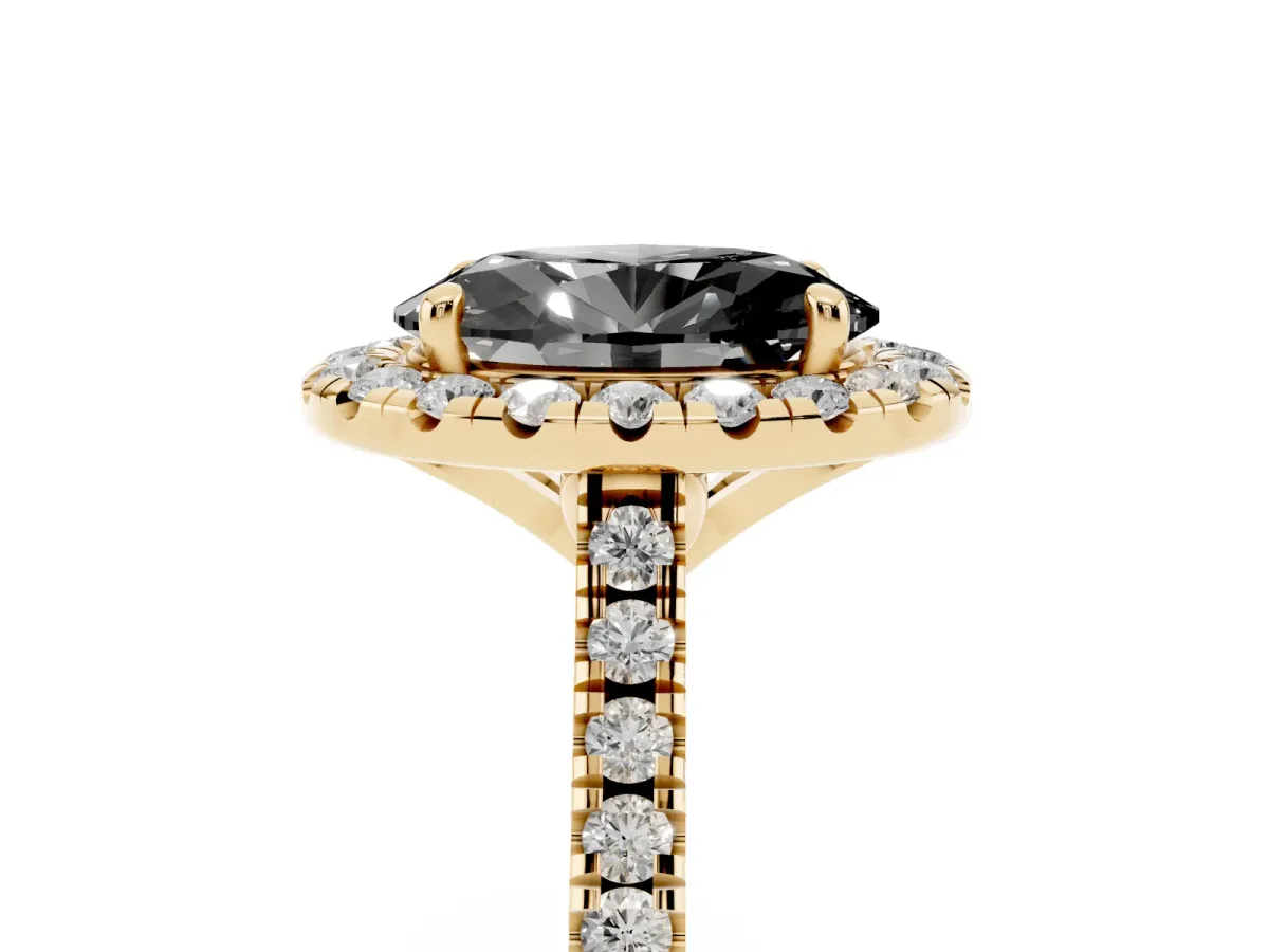 Fancy Black Oval Cut Diamond Cushion Halo Ring with Pavé Band Yellow gold