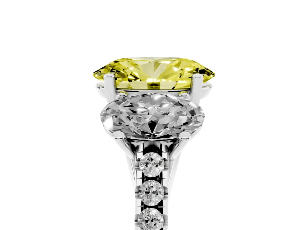 Fancy Yellow Three-Stone Oval Cut Diamond Ring with Round Pavé Band and Prong Setting Silver