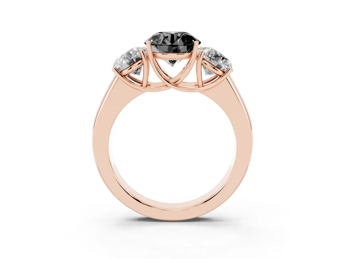 Fancy Black Three-Stone Round Cut Cut Diamond Ring with Prong Setting and Classic Band Rose gold