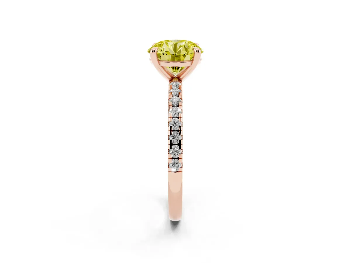Fancy Yellow Round Cut Diamond Brilliant Solitaire Ring with Pavé Band and Four-Prong Setting Rose gold