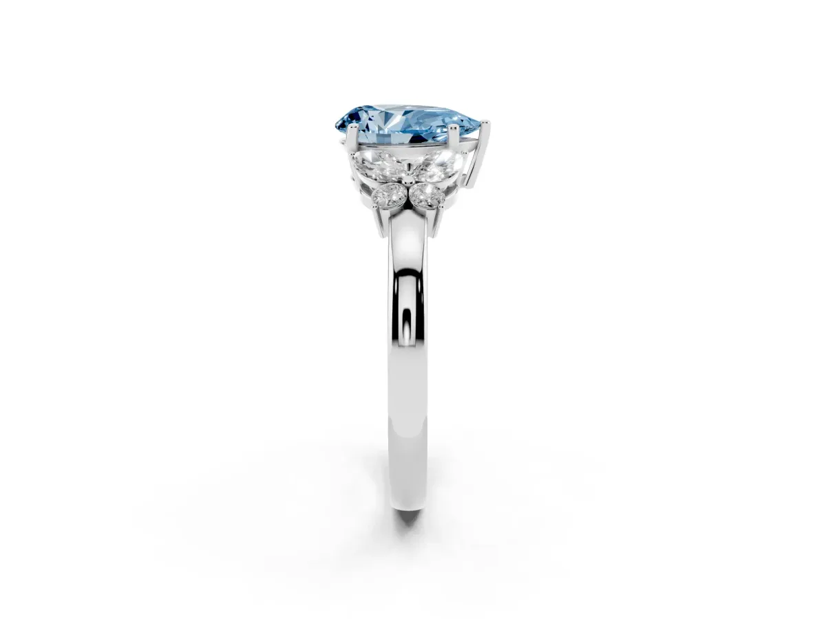 Fancy Blue Pear Cut Cut Solitaire Floral Diamond Ring with Four-Prong Setting Platinum