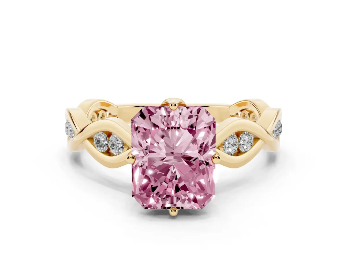 Fancy Pink Radiant Cut Solitaire Twist Band with Leaf Prong Setting Yellow gold