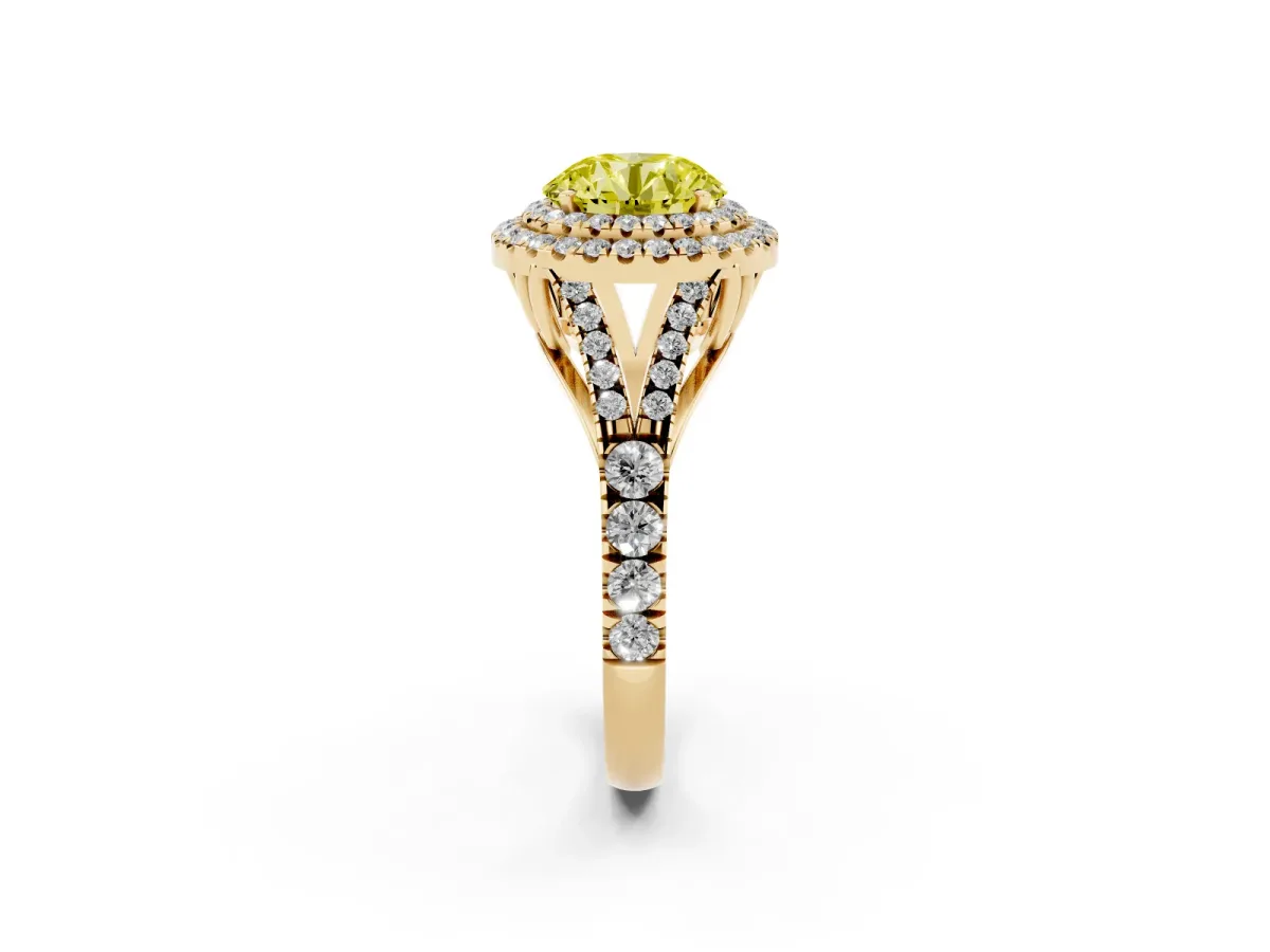 Fancy Yellow Double Halo Round Cut Diamond Split Shank Engagement Ring with Four-Prong Setting Yellow gold