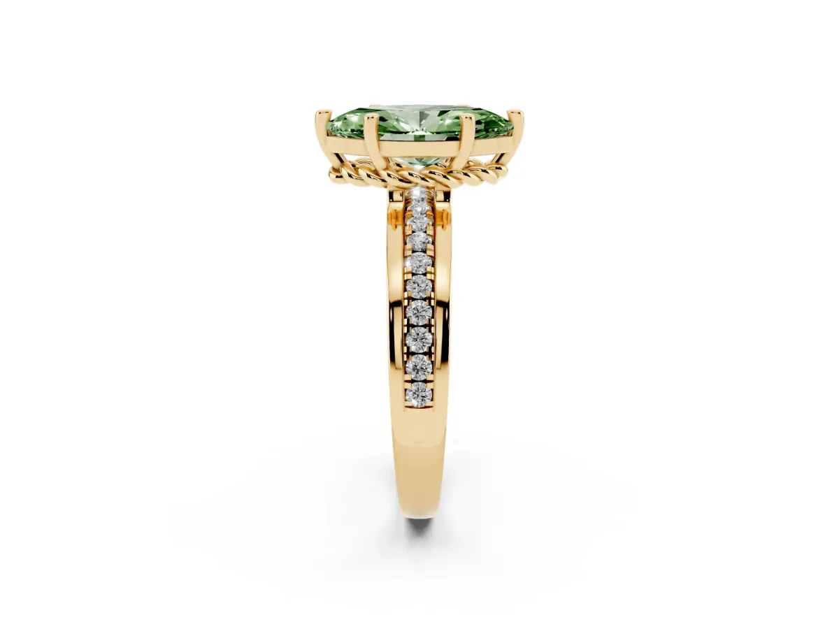 Fancy Green Marquise Cut Solitaire Diamond Ring with Channel Set Band and Six-Prong Setting Yellow gold